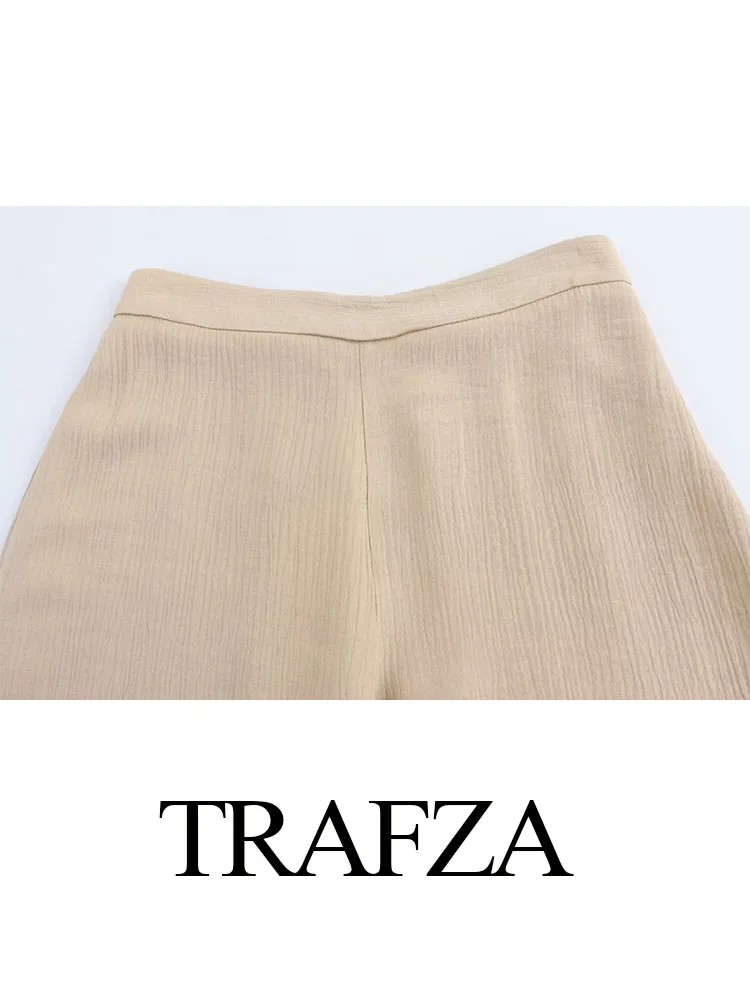 TRAFZA-Conjunto de faixas ocas femininas, mangas com o pescoço, botão de costas, tops decorados, calças largas, cintura elástica, terno feminino da moda