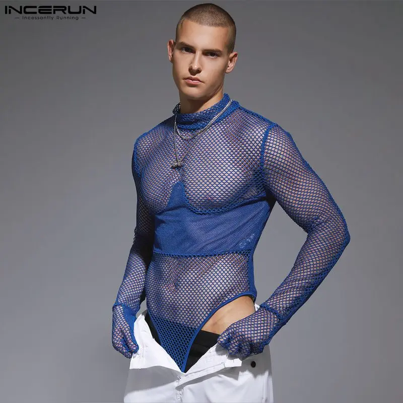 INCERUN 2023 Sexy Men's Jumpsuits Mesh Panel Elastic Half High Neck Bodysuits Male Perspective Thimble Long Sleeve Rompers S-3XL