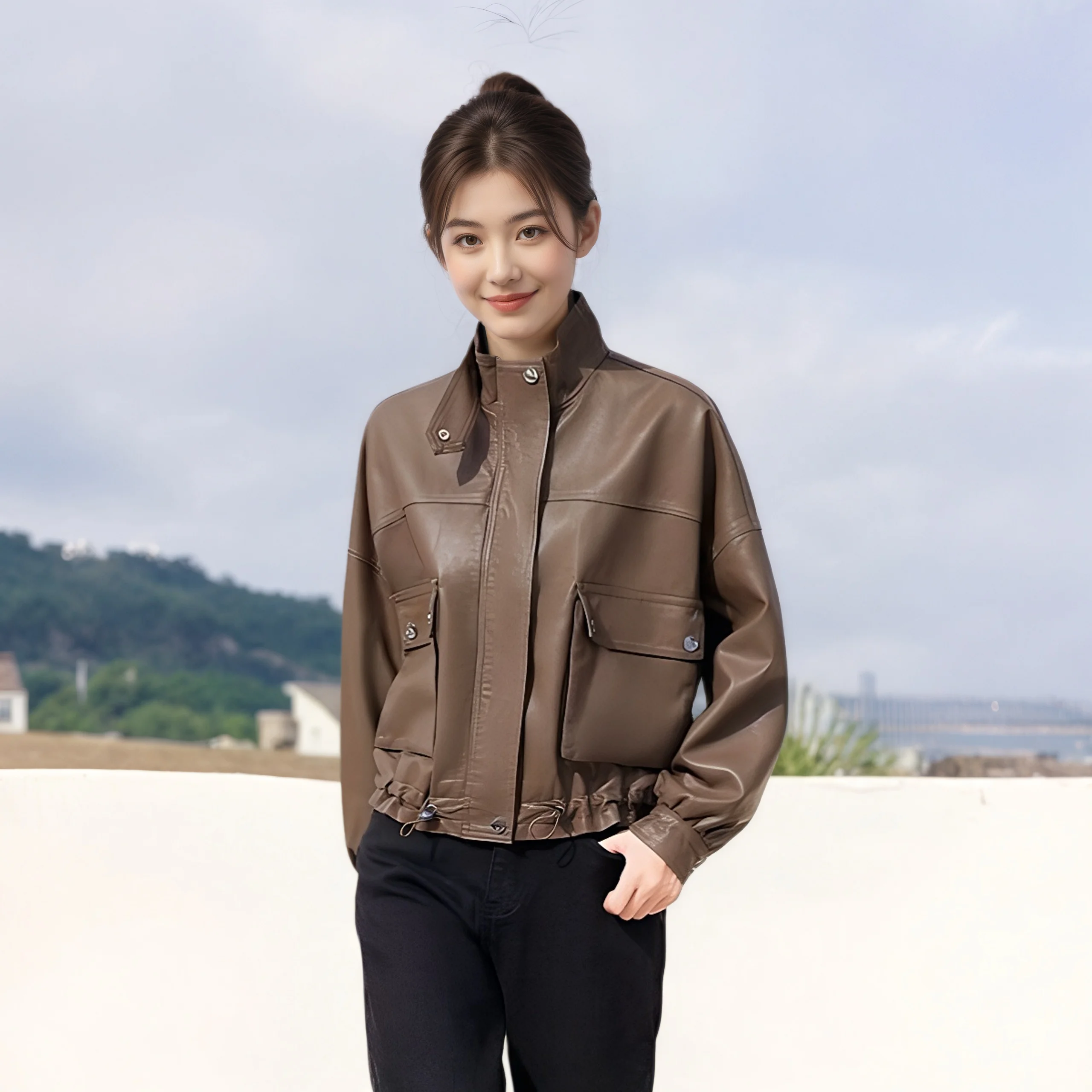 Jaqueta de Couro PU para Mulheres, Estilo Casual Americano, Nova Chegada de Primavera e Outono, Tamanho Pequeno, Casaco de Motocicleta