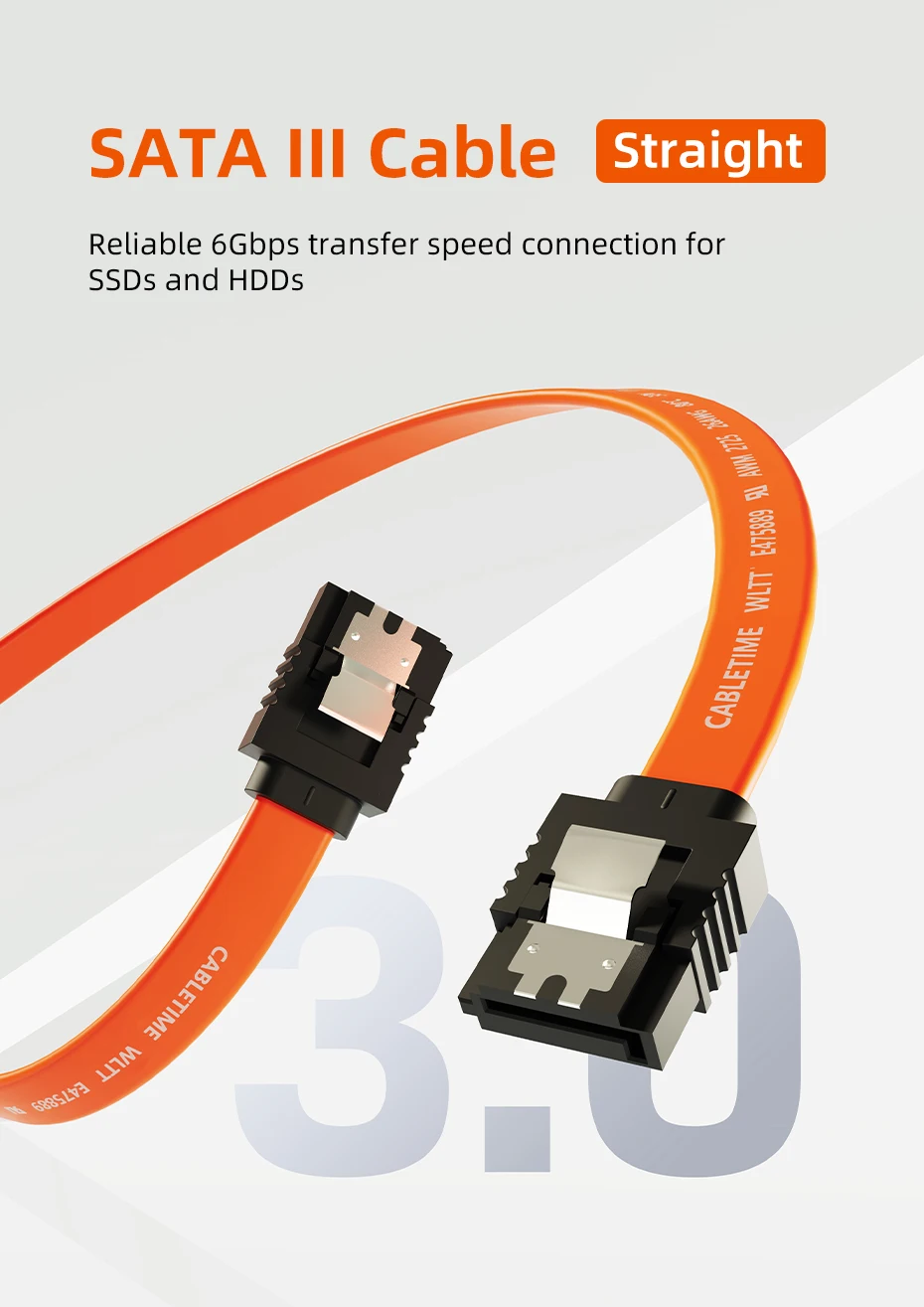 CABLETIME 6 Gbit/s SATA-Kabel 3.0 zu Festplatte SSD HDD Sata3 Gerades rechtwinkliges Kabel Schnellübertragungskabel für Desktop – Detail 1