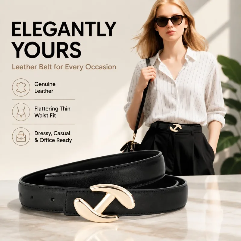 

Genuine Leather Thin Belt for Women High-end Fashion Solid Black Waist Strap Versatile Decorative Ladies Waistband Elegant Slim