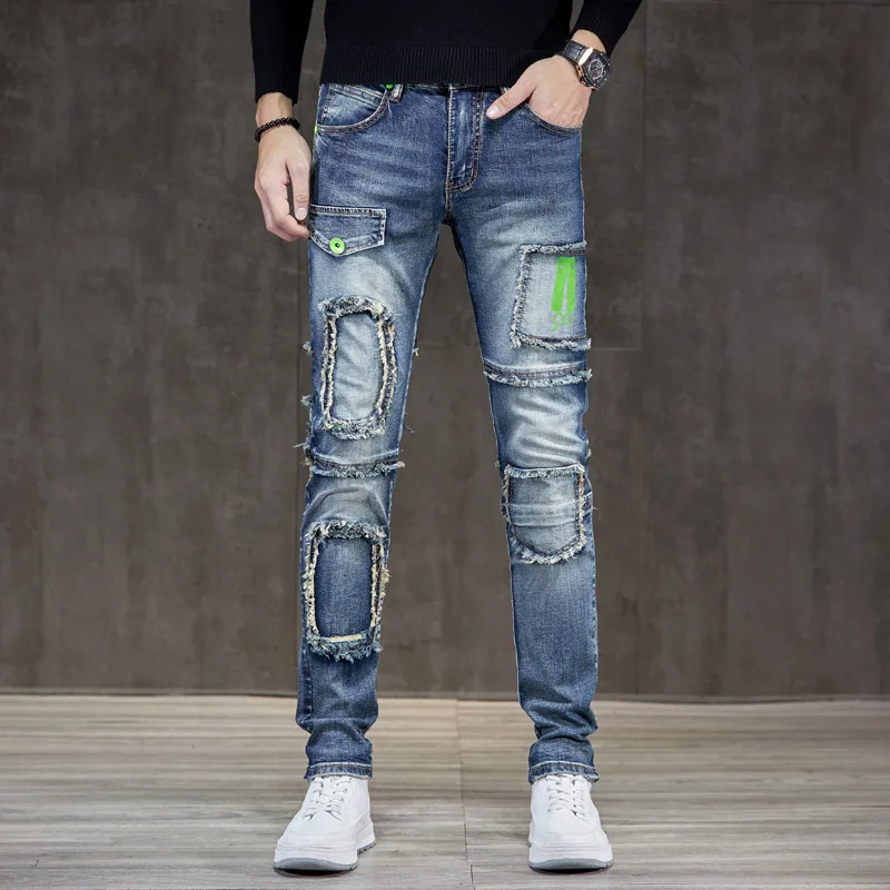 2024New American High Street Jeans Men's Locomotive Style Fashion Personality Slim Fit Patchwork Stitching Trousers