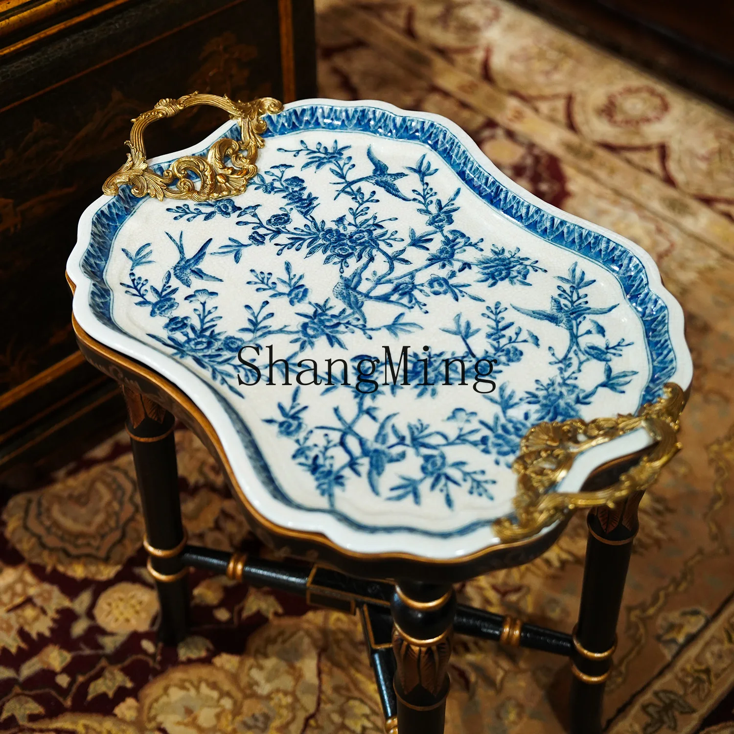 

FG porcelain inlaid copper hand-painted blue and white small tray household coffee corner table side coffee