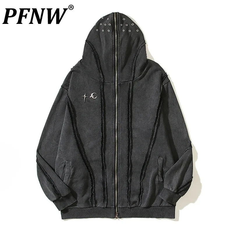 PFNW Washed Printed Zipper Design Sweatershirt Male Spliced Hooded Cardigan Short Clothing Men's Trendy Tops 2024 New 28W5071