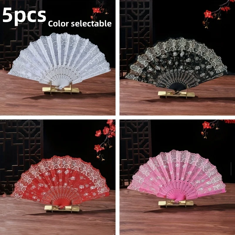 5-Pack Chinese Style Plastic Folding Fans - Classical Handheld Dance Performance Fans with Decorative Patterns