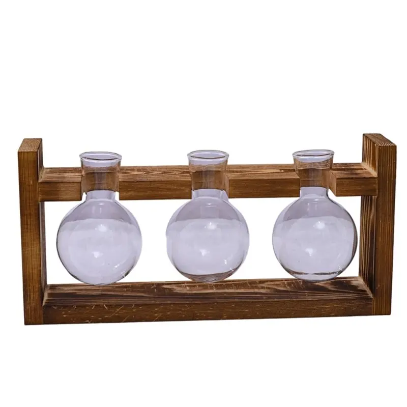 

【NOW SAVE】Glass Plant Terrarium With Wood Stand 3 Bulbs Propagation Station Indoor Garden Planter, Hydroponic Vase& Desktop Deco