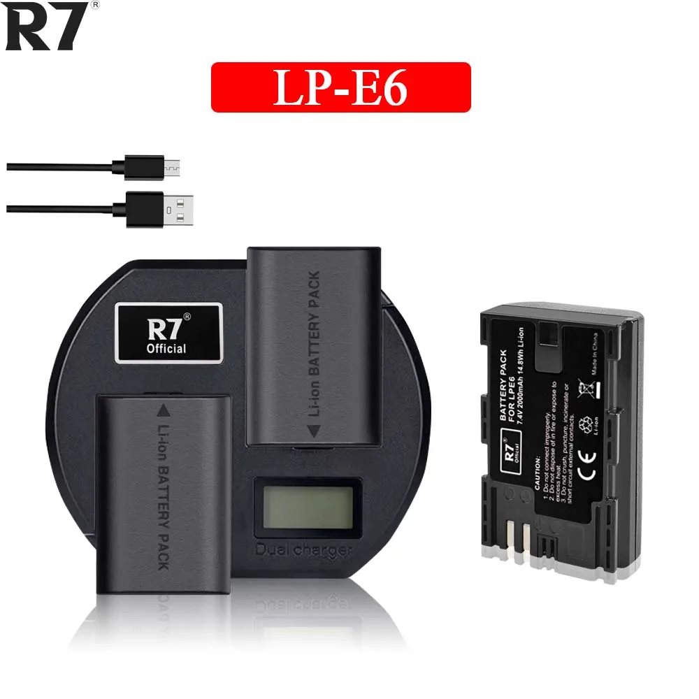 Аккумулятор R7 2000 мАч LPE6 LP-E6 + быстрое зарядное устройство с ЖК-дисплеем для Canon EOS 5DS R 5D Mark II 5D Mark III 6D 7D 70D 80D