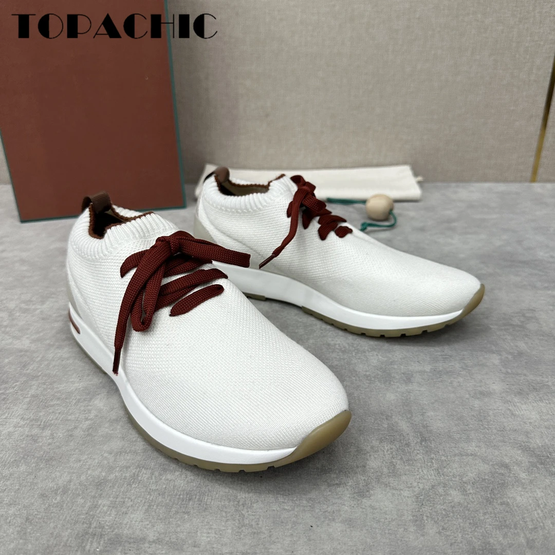 12.5 TOPACHIC Men\'s Round Toe Knitted Sneakers Contrast Color Lace-Up Comfortable Flat Casual Shoes