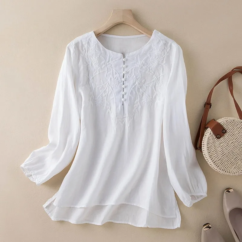 بلوزة كاجوال من القطن والكتان قمصان على الموضة الكورية بلوزات وبلوزات كبيرة الحجم بأكمام طويلة وأزرار مطرزة بلوزات فضفاضة بياقة دائرية