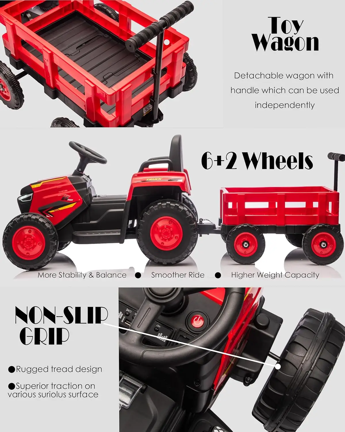 Kleinkinder fahren mit Traktor mit abnehmbarem Gartenwagen, 12-V-Elektro-Kinderfahrzeugspielzeug mit Anhänger, ferngesteuert bis zu 2,5 Meilen pro Stunde