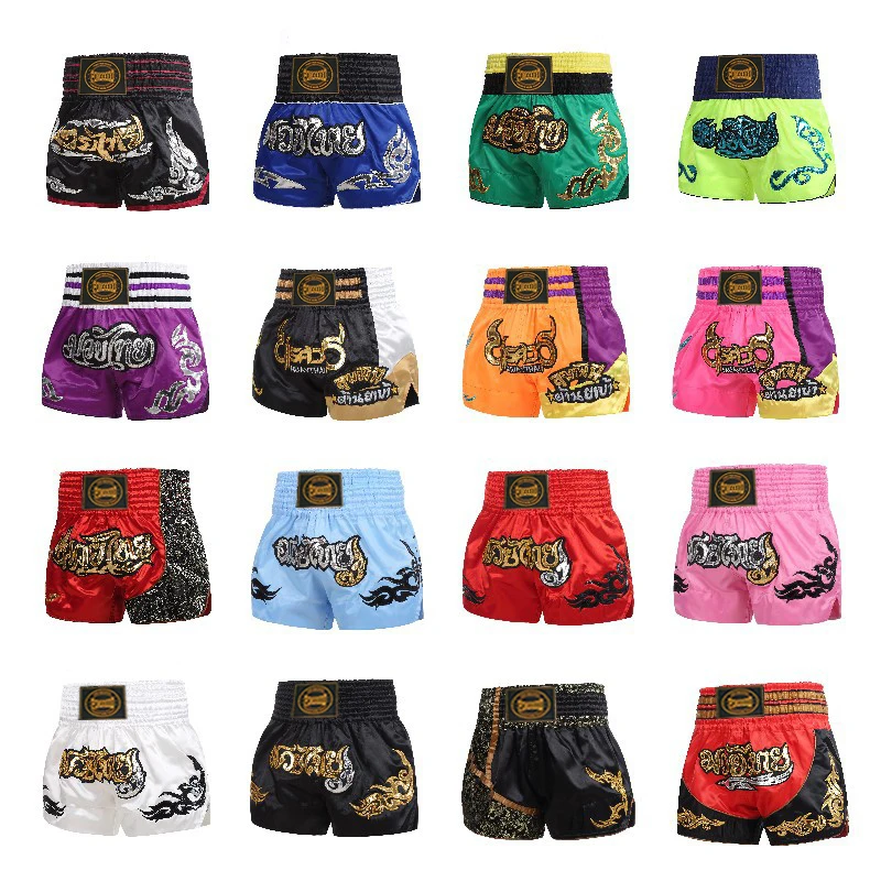 Pantalones cortos Muay Thai, pantalones cortos de boxeo para hombres, mujeres y niños, bordado de artes marciales, ropa MMA, jaula de gimnasio, lucha, pantalones de Kickboxing