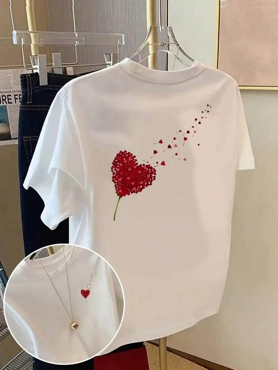 New Women's White Summer Crew Neck Short Sleeve Casual Versatile T‑Shirt Stylish Front And Back Heart Patterns Graphic Tee Top