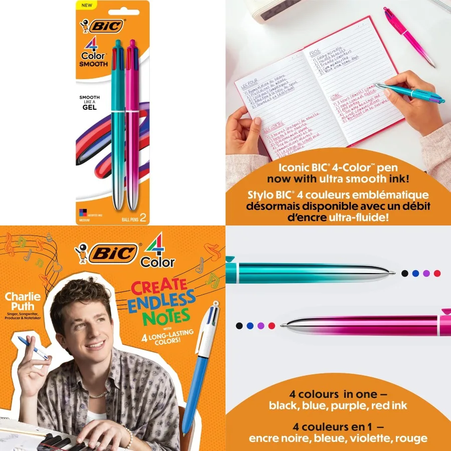 

BIC 4 Color Smooth Gradient Retractable Ballpoint Pen 1.0 mm Medium Point 2-Count in Assorted Ink for Office and School Use Ide