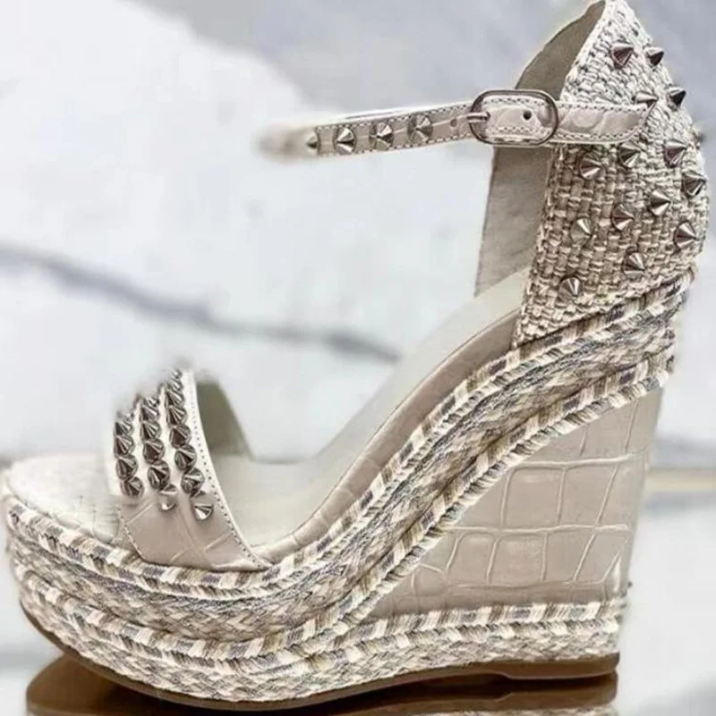 Rope Braided Studded Women Wedge Sandals Gold Rivet Ankle Strap Peep Toe Summer Casual Shoes Mixed Colors Spikes Dress Shoes