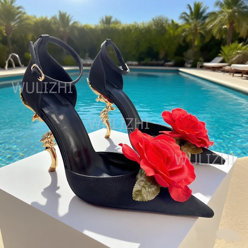 

Big Red Canvas Rose Red Black Gold Sandals Girls Luxury Branches Strange Heels Women Flowers Green Satin Pointed Buckle Shoes