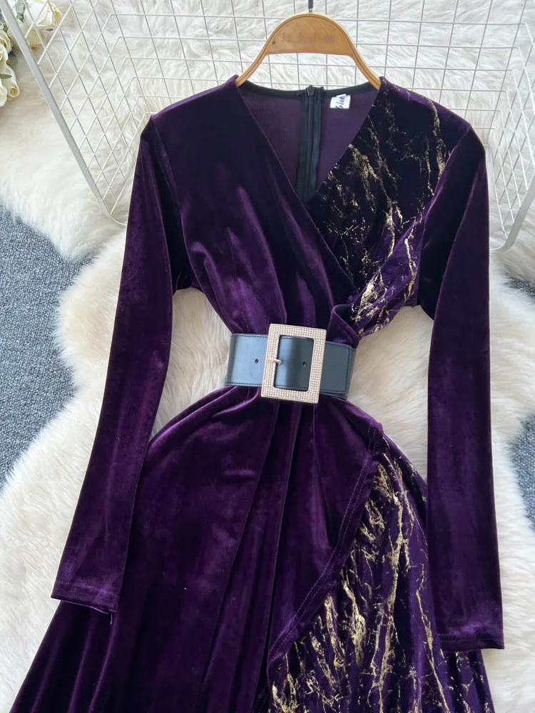 Ele Velvet Dr V-Ne Sparkling Patchwork Asymmetrical Belt High Waist A-Line Skirt Long Sve Ci Commute Suitable