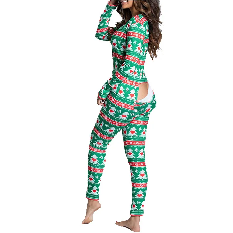 Sexy Pyjama Women\'s Jumpsuit Suit Button-down Front Back Butt Bum open Ass Flap Jumpsuit Loungewear Christmas Print Buttoned