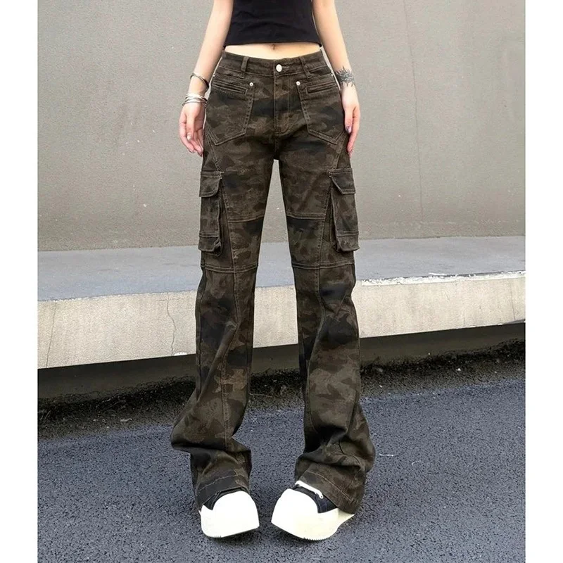 

Lady Retro Camouflage High Waist Flared Jeans Hot Sale Girls Fashion Thin Straight Leg Pants Women Slim Fit Denim Trousers