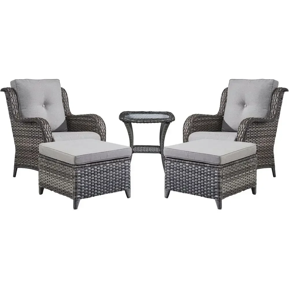 5-Piece Outdoor Wicker Sectional Set with 2 Chairs, 2 Ottomans, and 1 Side Table in Mixed Grey