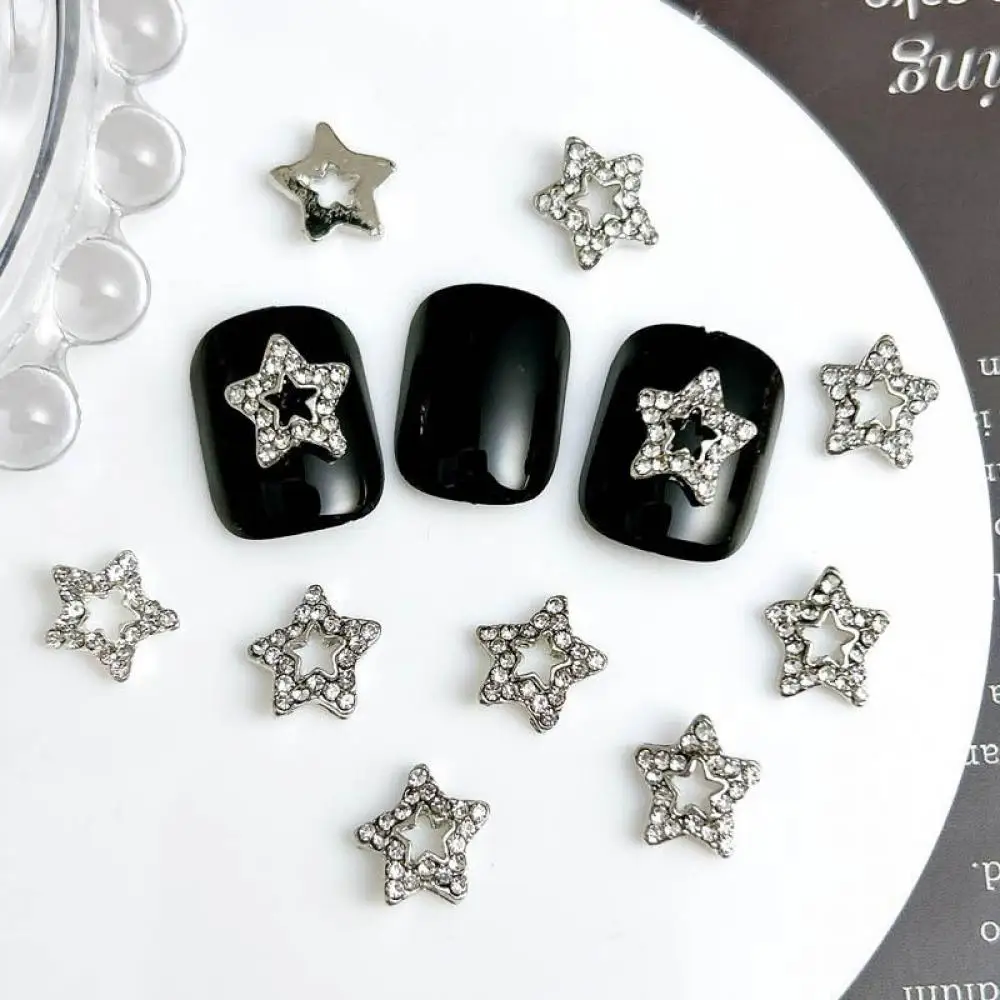 

3D Minimalist Alloy Pentagram Nail Charms Hollowed-out Silver Stars Mini Full Rhinestones Inlaid Nail Art Decorations DIY Nails