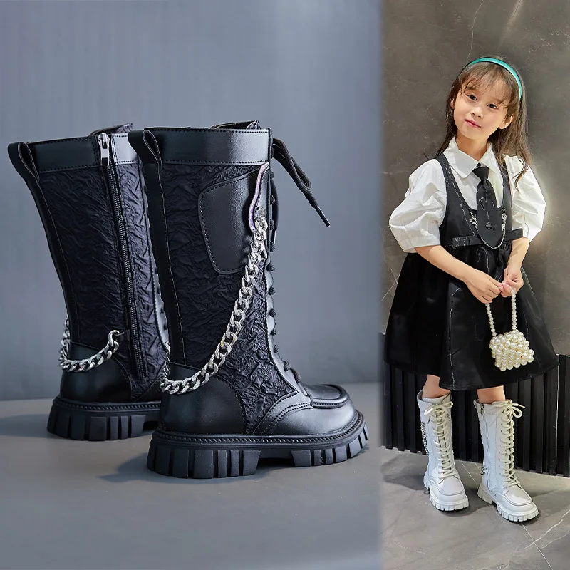 AINYFU Autumn Girls Fashion Long Boots Children\'s Pu Leather Boots With Chain Kids Breathable Small Pockets Shoes H149