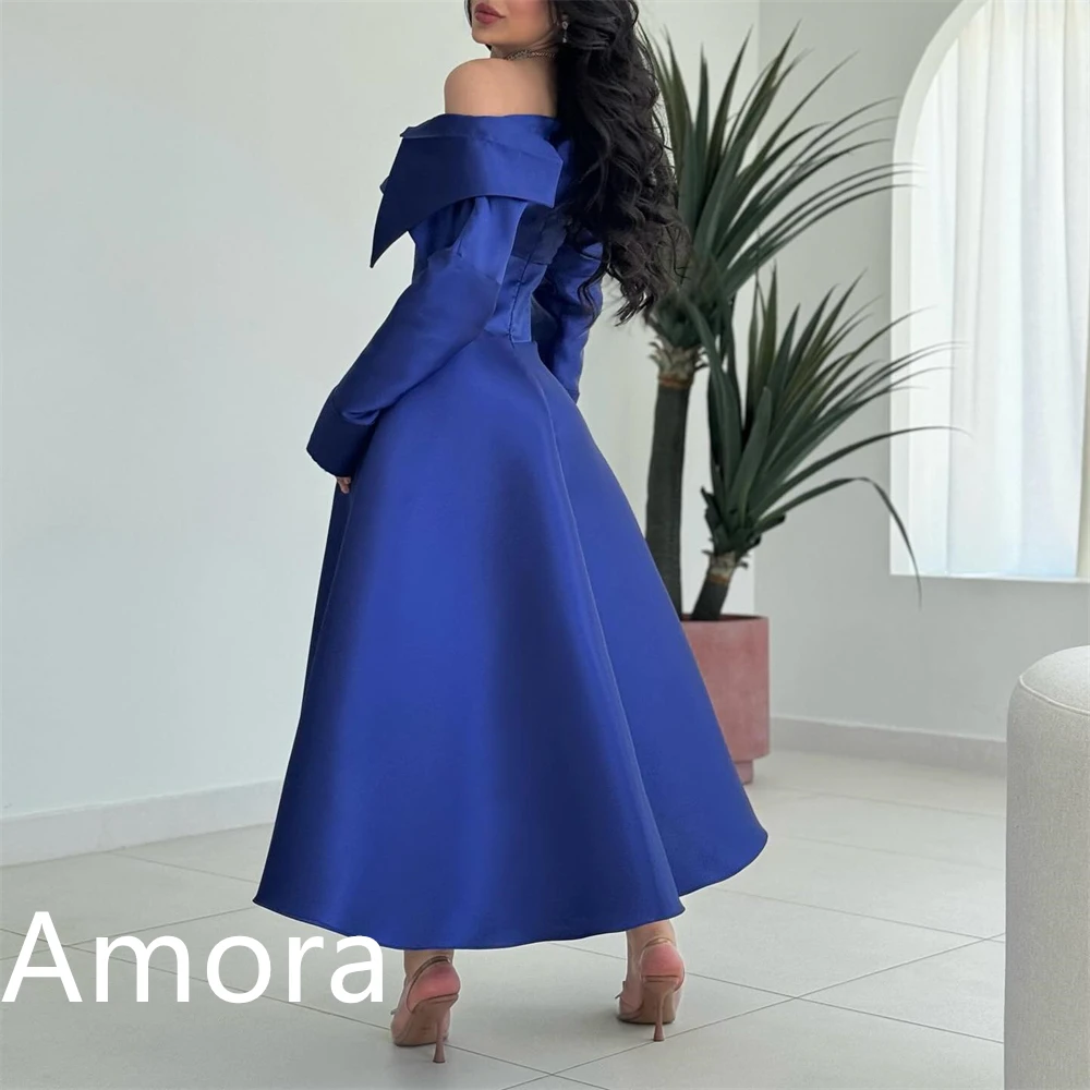 Индивидуальное темпераментное синее атласное вечернее платье Изысканное коктейльное платье без бретелек с открытыми плечами и длинными рукавами на молнии сзади