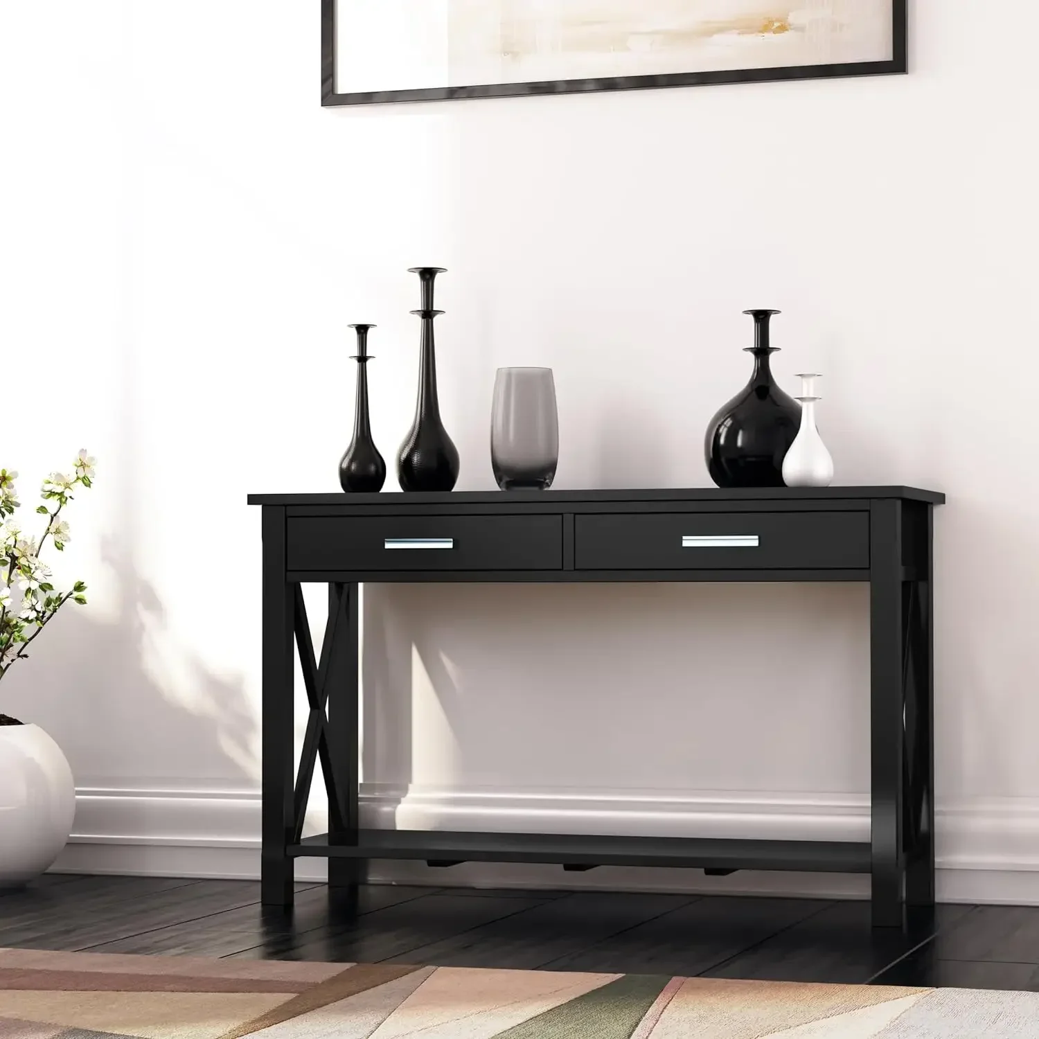 SOLID WOOD 47 inch Wide Contemporary Console Sofa Table in Black with Storage, 2 Drawers and 1 Shelf