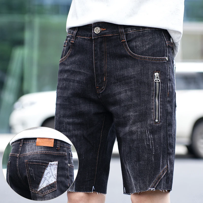 

Men's Denim Shorts Summer New Straight Cotton Stretch Cat Whisker Washed Short Jeans Black Zippered Men Shorts Korean