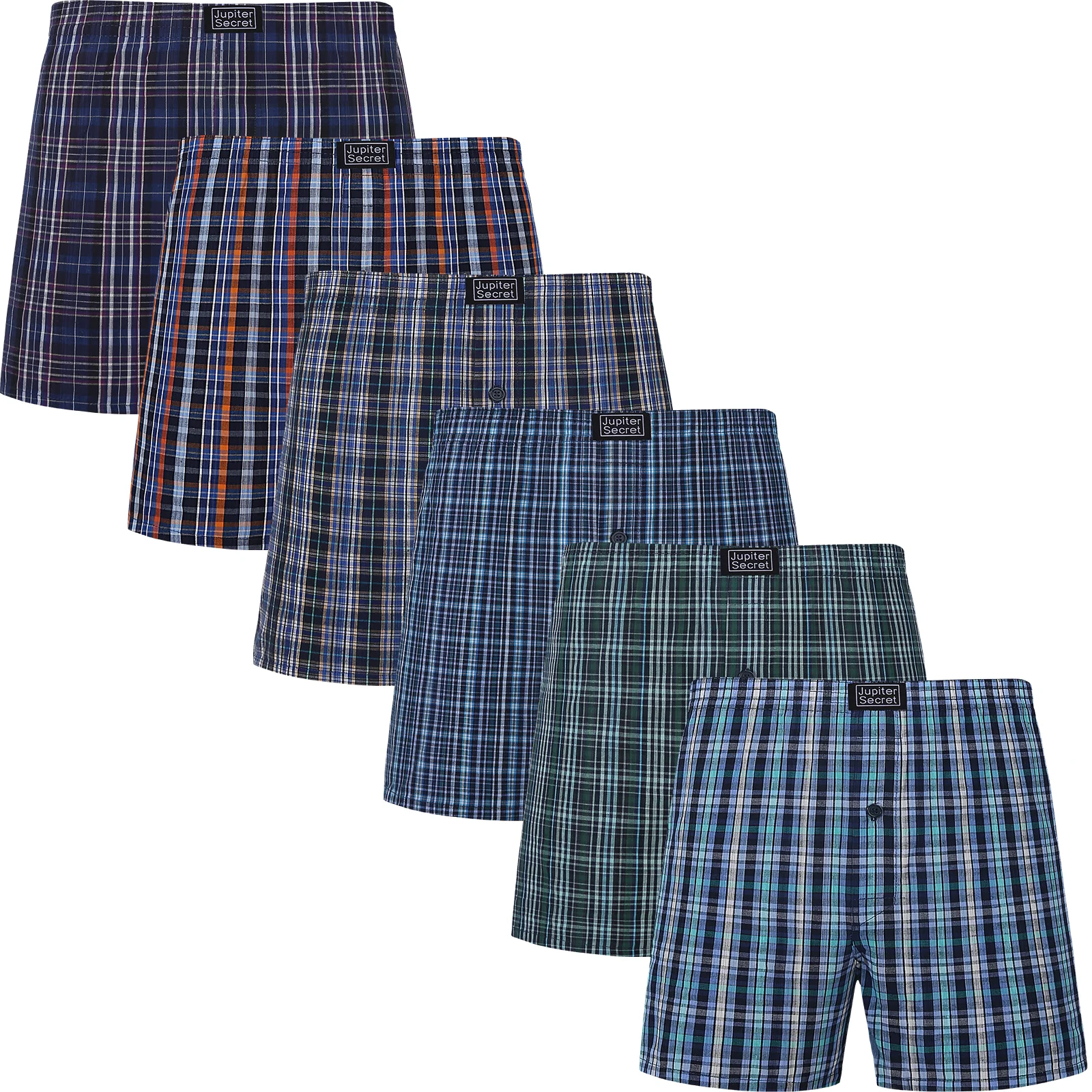 JupiterSecret 6/12 pcs Men's   Cotton Boxer Shorts Random Style Casual Plaid Boxers Shorts With Elastic Waistband And Buttons