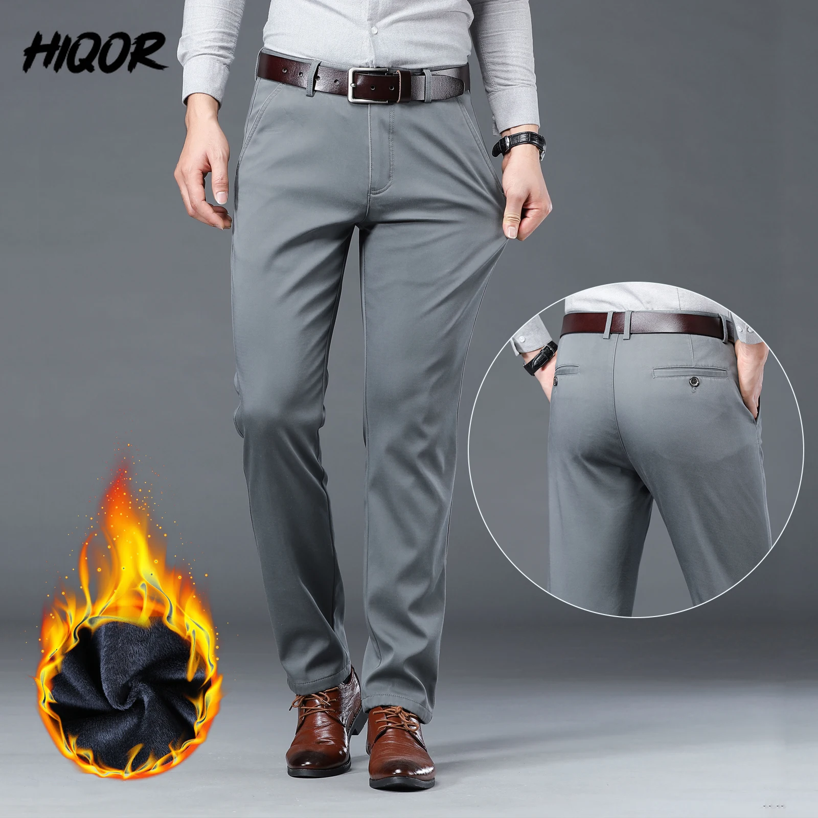 HIQOR Winter Fleece Men's Casual Pants Stretch Solid Business Straight Trousers Office Suit Pants Autumn Baggy Pants Ropa Hombre