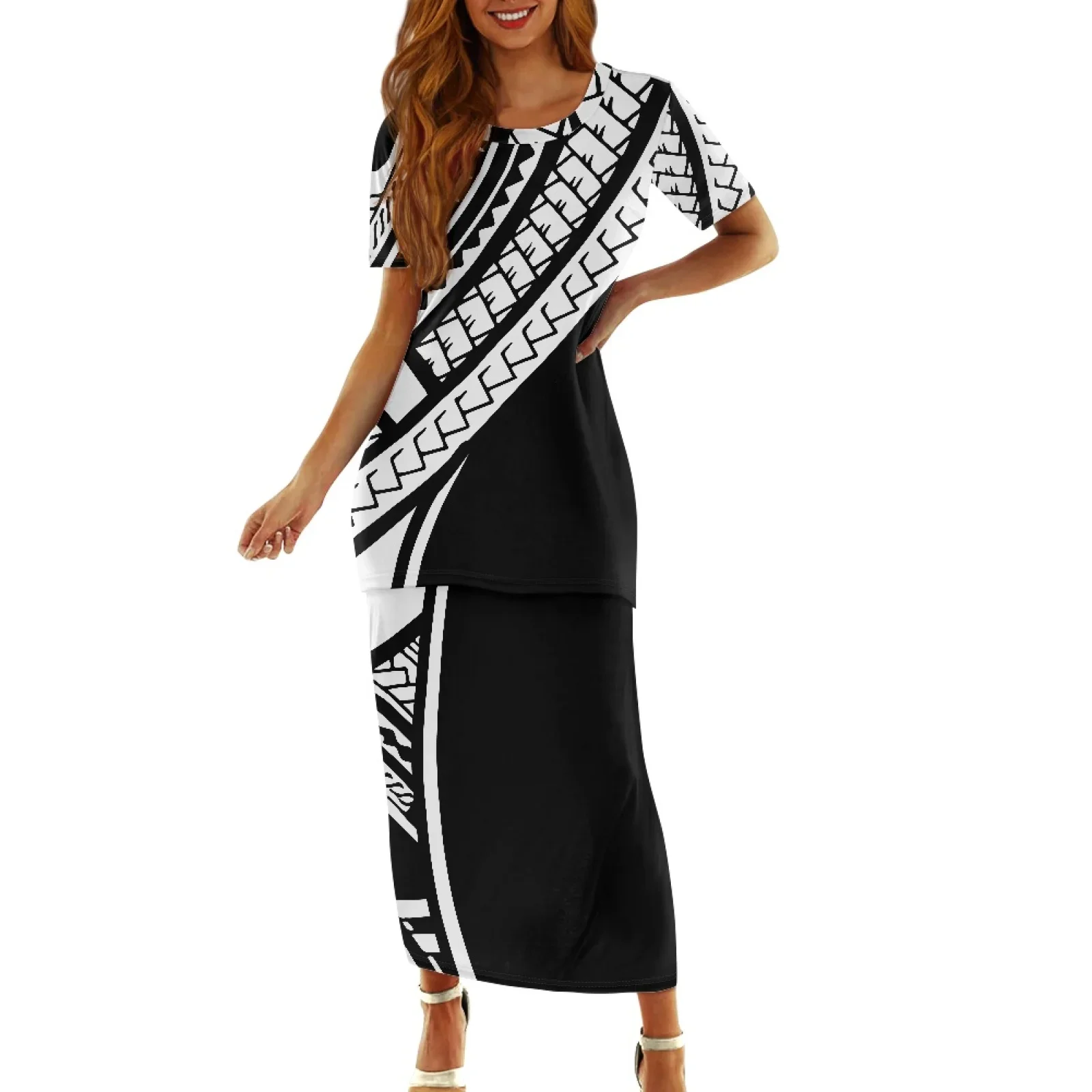 Polynesian TribalTongan Totem Tattoo Print Women's Stripe Dress, Casual Campfire Party, Comfortable Short Sleeve, Two Pieces Set