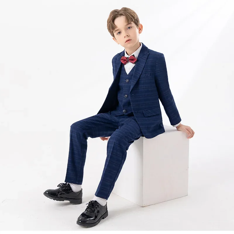 

Boys Blue Slim Fit Suits Formal Wear Children Teenagers Groomsman Performance Host Clothes Kids Plaid Students Party Full Dress