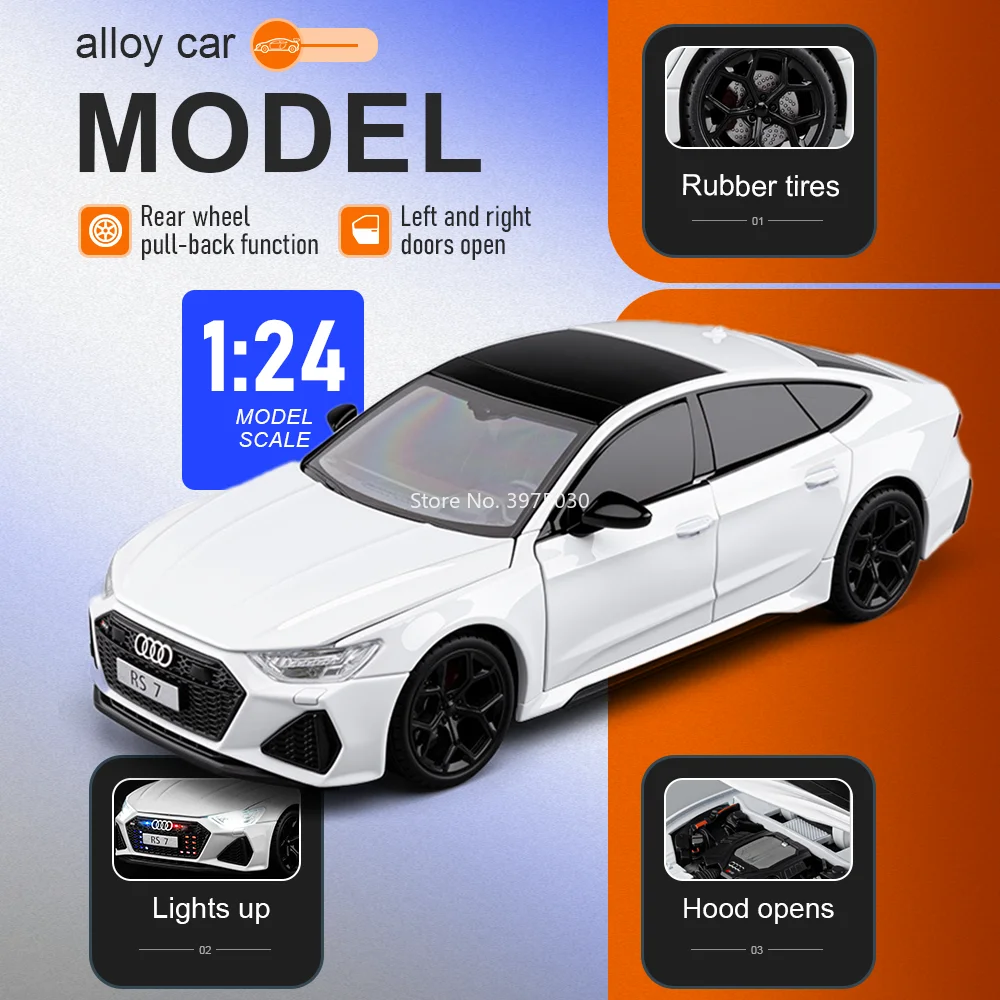 

1:24 AUDI RS7 Alloy Car Diecast Miniature Toy Model Doors Opened Shock Absorption Sound Light Vehices Perfect Gift for Boyfriend
