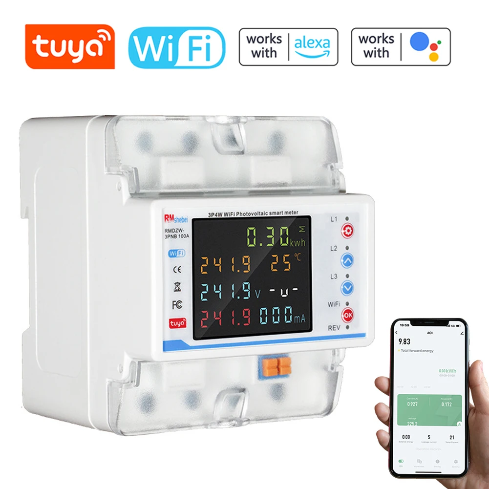 Tuya WiFi 3P4W Smart Energy Meter Circuit Breaker Automatic Reclosure Protector LCD Display Voltage Current Power kWh Meter