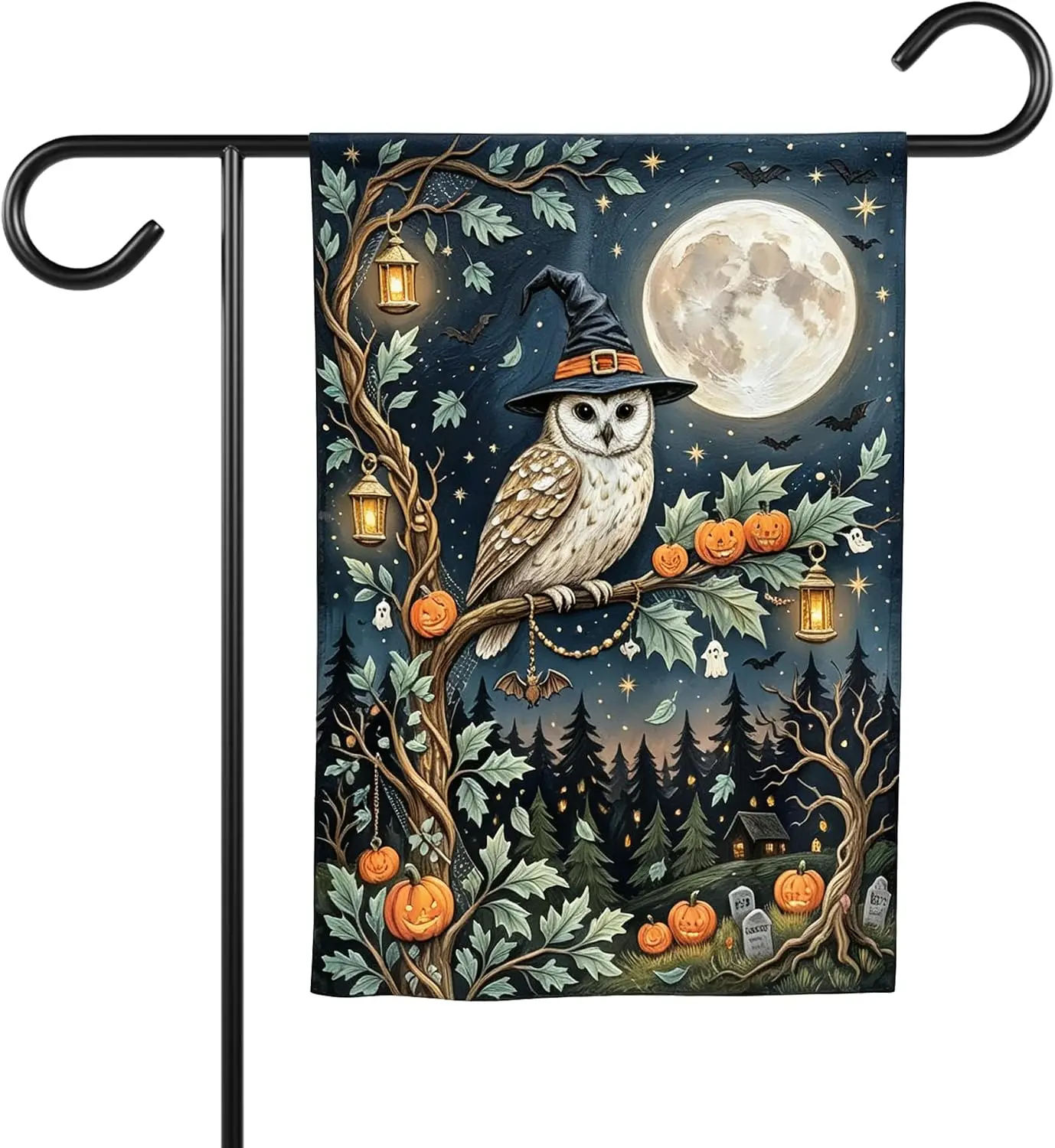 Halloween Full Moon Owl Wizard Hat Pumpkins 12x18 Double Sided Garden Flag | Spooky Nights Owls Pumpkin Double-Sided Oxford  xxl
