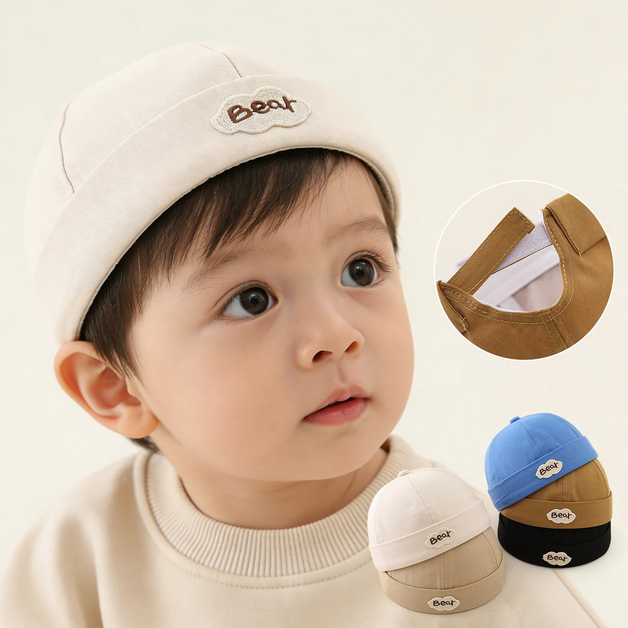 Cute Bear Baby Docker Hat Solid Color Dome Melon Cap for Toddler Boy Girl Summer Adjustable Cotton Brimless Beanies - view 2