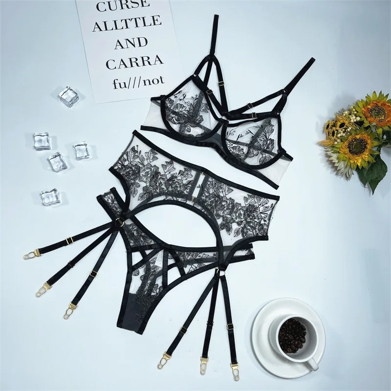 Sexy Floral Black Bikini Bra Set See through Ultra-Thin Underwear Lingerie for… - Image 5