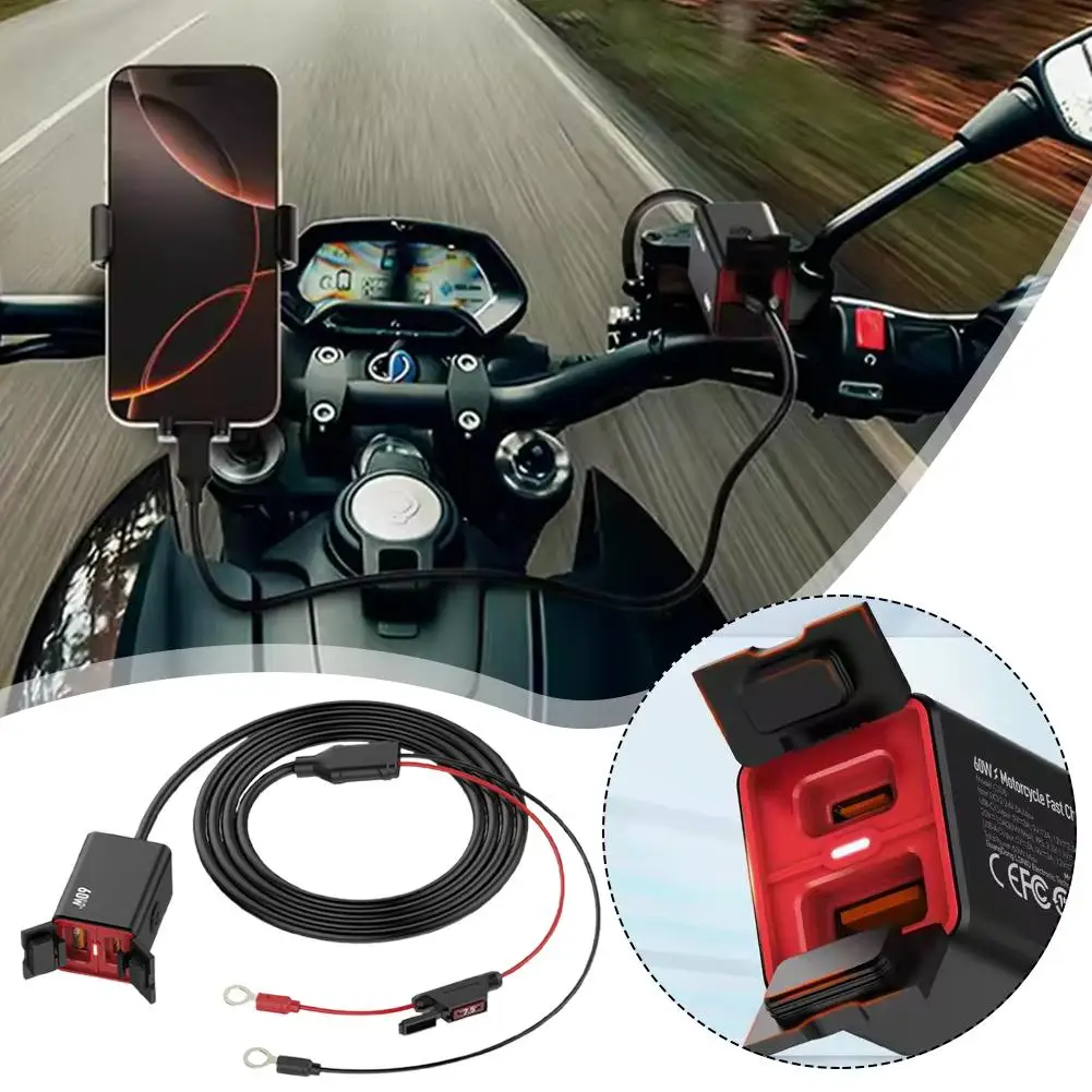 Motorrad USB-C Schnellladegerät PD+QC3.0 60W Wasserdichte Steckdose Typ C Handy 12V/24V Fahrzeugmontiertes Ladegerät Adapter Zubehör
