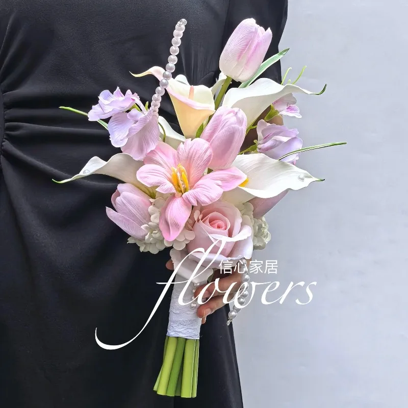 Pink white artificial flower calla lily tulip wedding bouquet living room dining table floral ornament studio photography props