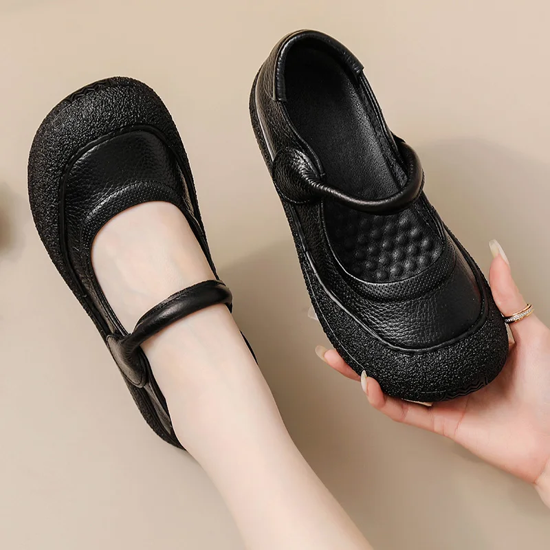 New Autumn v flats shoes women\'s mary jane loafer ladies concise strap cow leather ballerina flats woman luxury shallow moccasin