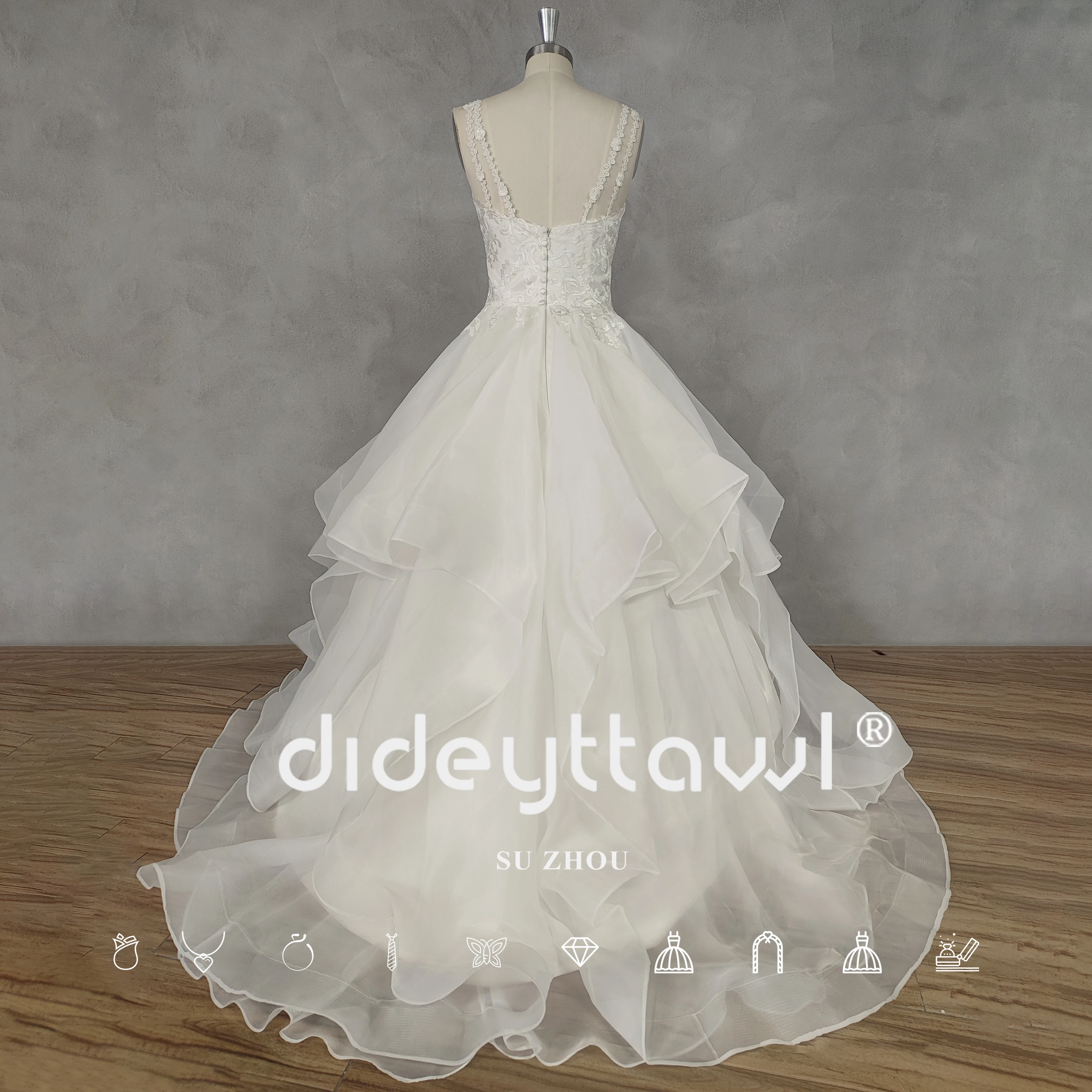 DIDEYTTAWL Real Picture V-Neck Organza Tiered Appliques A-Line Wedding Dress For Women Zipper Back Floor Length Bridal Gown