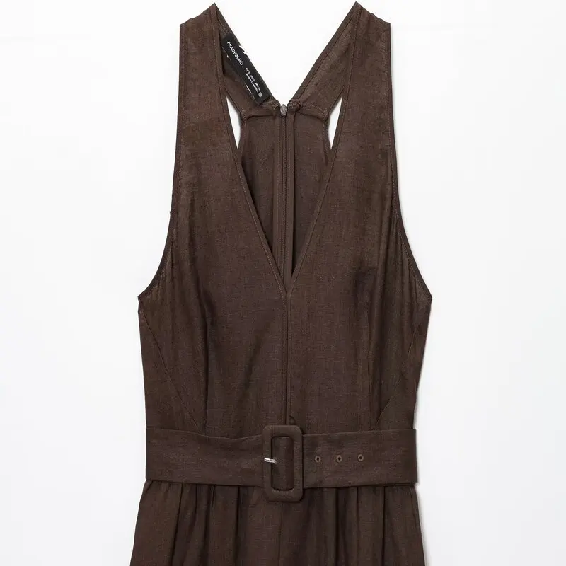 Novedad de verano, vestido de lino Faion con tirantes anchos para mujer, vestido acampanado Svel V-Ne, falda larga de cintura alta