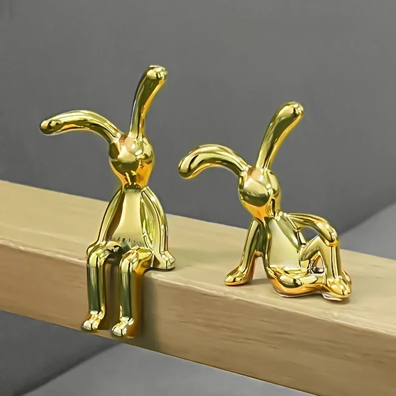 2PCS Gold Silver Long Eared Rabbit Figurine Miniatures Car Decor Pastable Plating Rabbit 3D DIY Statue Home Furnishings Ornament