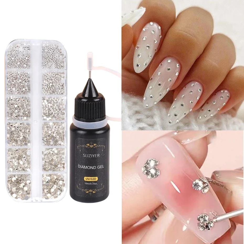 12 Girds Nail Art Rhinestones With Nail Gel Glue 10ml Multi Size Flatback Crystal Diamond Gems Charms Jewelry Decor Accessories