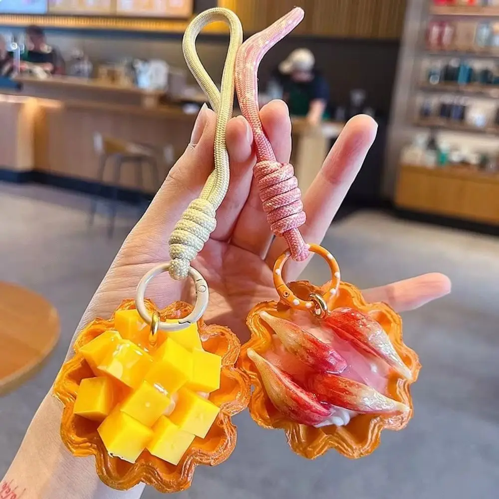Simulation Fruit Egg Tart Keychain Cute Cartoon Mango Puff pastry pendant Portable Sweet Strawberry Egg Tart Pendant
