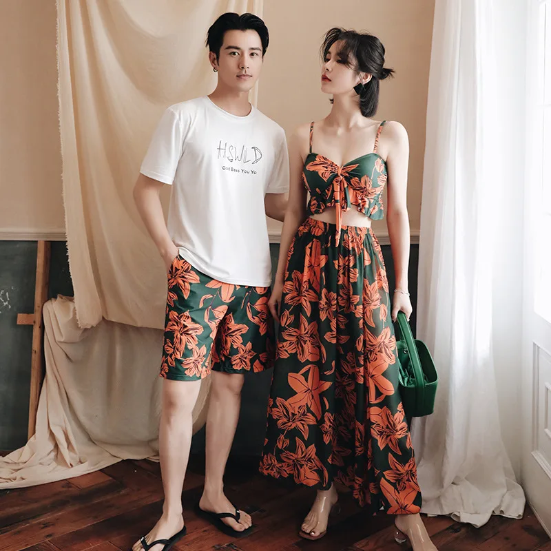 Bloemenprint Bikini Dames T-stuk Badpak Afslankende Buik Cover-up Paar Set Strand Thermisch Vaion Zwempak