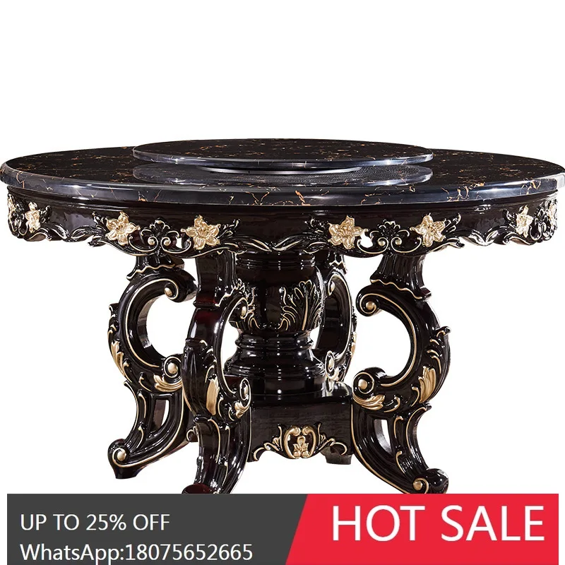 

HLZ European Style Full Solid Wood Carved Neoclassical Marble Surface Round Table American Light Luxury Dining Table