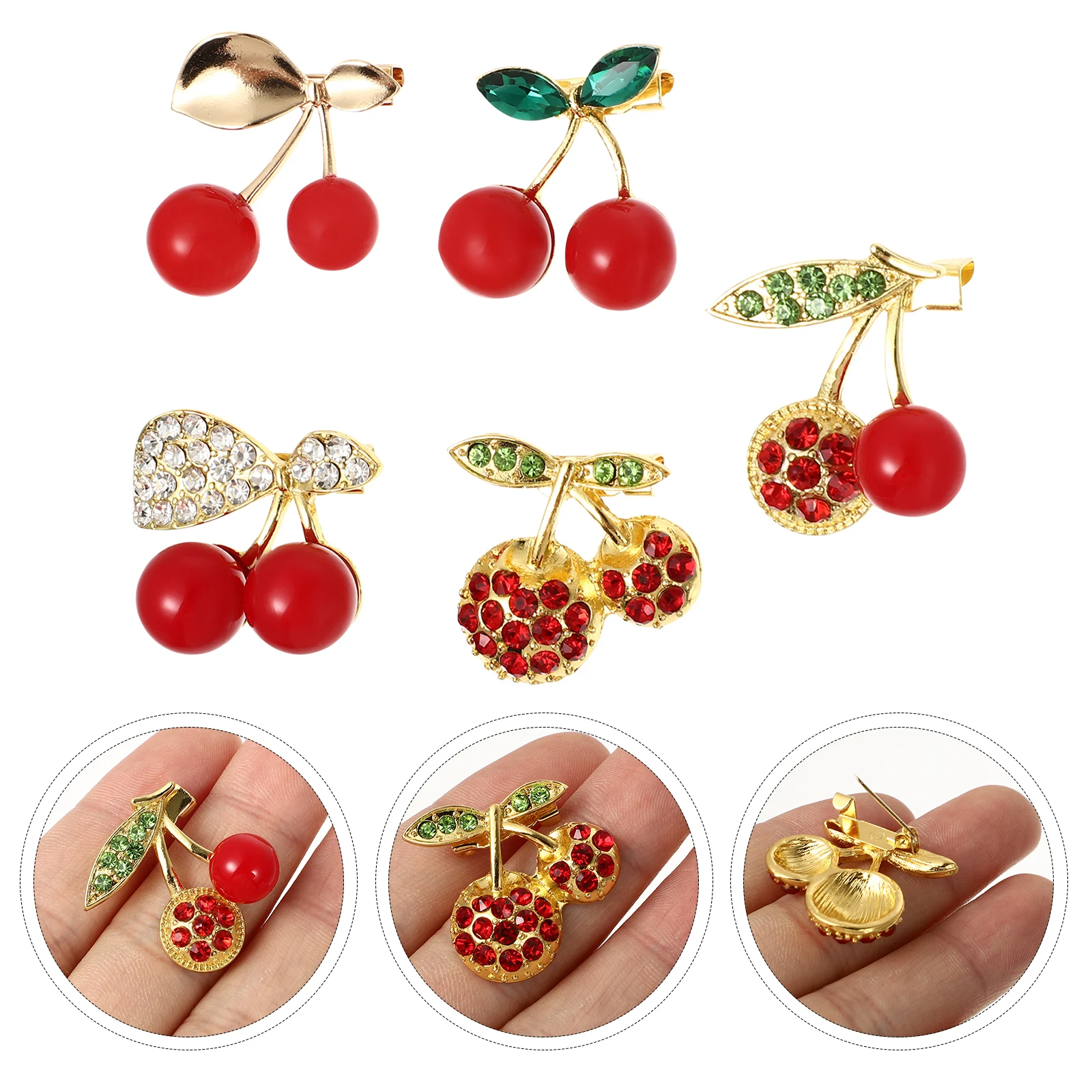 

5pcs Cherry Brooch Alloy Rhinestone Vintage Jewelry Fashion Accessory Bright Shiny Design Clothes Pin Brooch Wear
