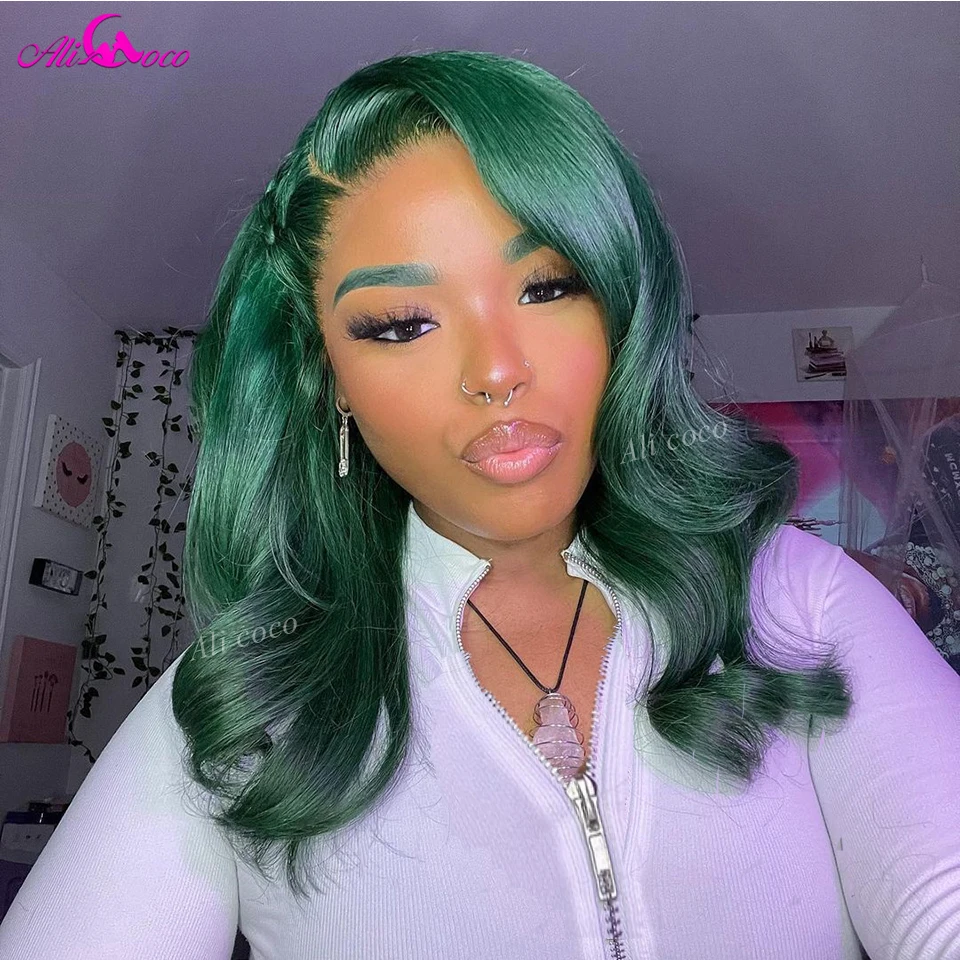 Peruca de cabelo humano frontal transparente para mulheres, peruca verde Bob onda do corpo, perucas de renda 13x4, cabelo de bebê malaysia