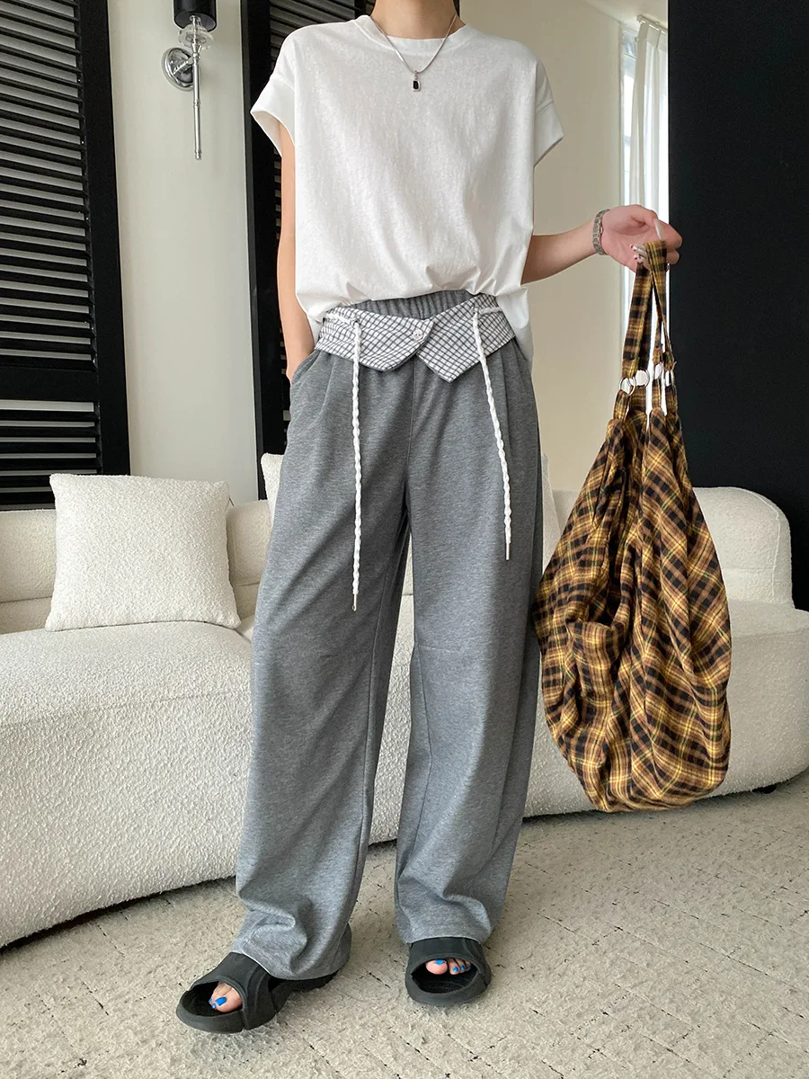 Frühlings- und Sommerhosen für Damen, lässig, einfarbig, abnehmbarer karierter Bund, elastische hohe Taille, schlank machende, weit geschnittene Hose mit geschwungenem Saum. – Detail 9
